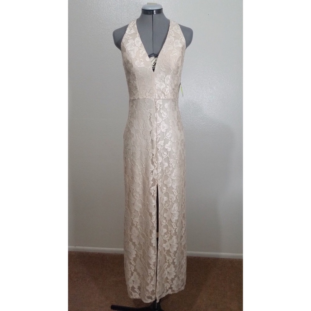 Champagne halter long formal dress